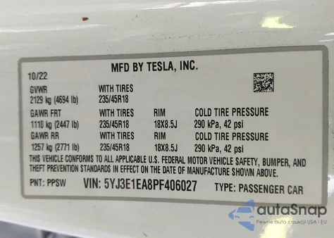 2023 Tesla Model 3 Rear-Wheel Drive из США, поврежденный, VIN 5YJ3E1EA8PF406027